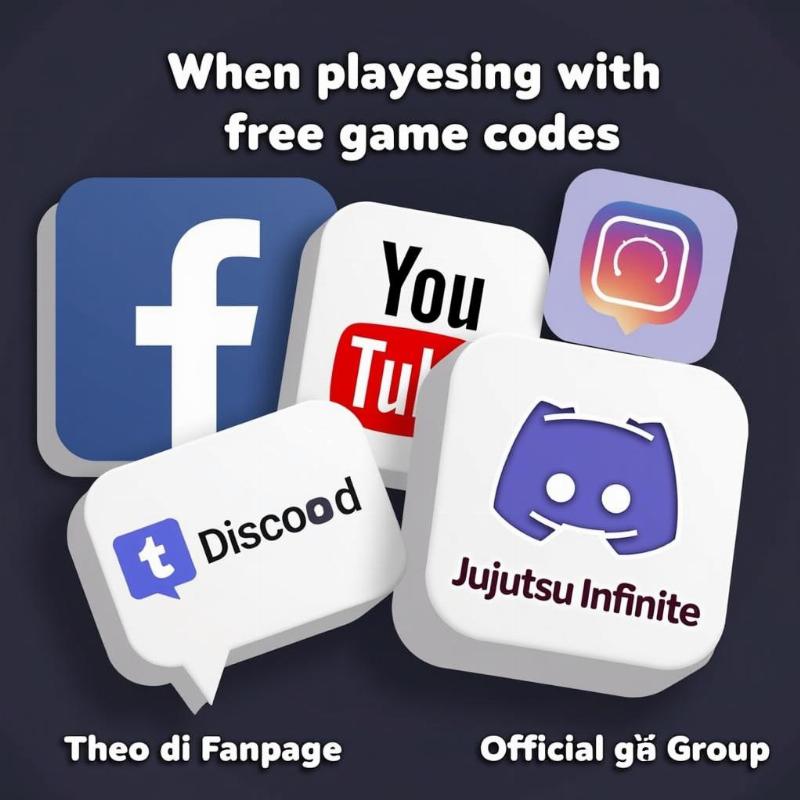 Hình ảnh các biểu tượng mạng xã hội và trang web chính thức nơi người chơi có thể tìm kiếm code miễn phí Jujutsu Infinite